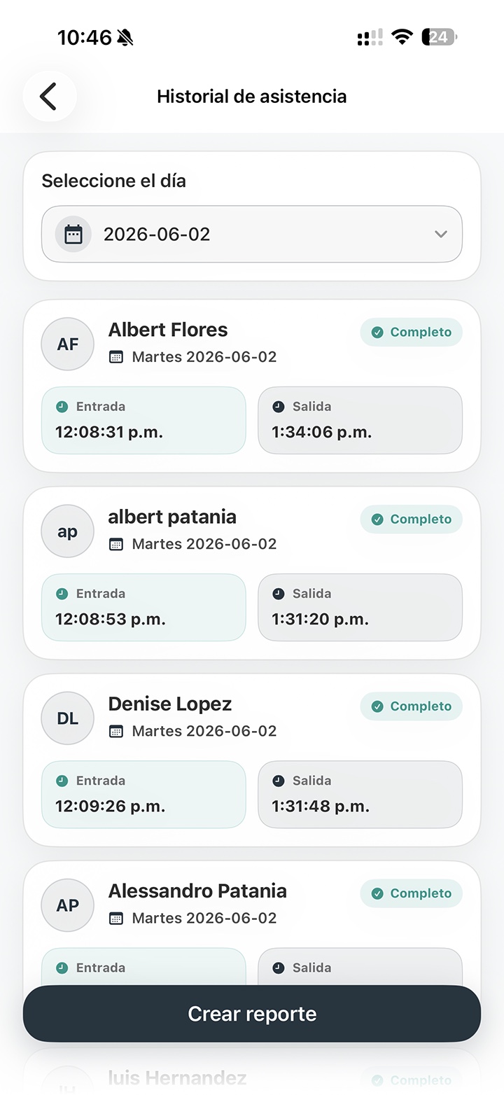 Historial de asistencia en EmpPass - registros de entrada y salida