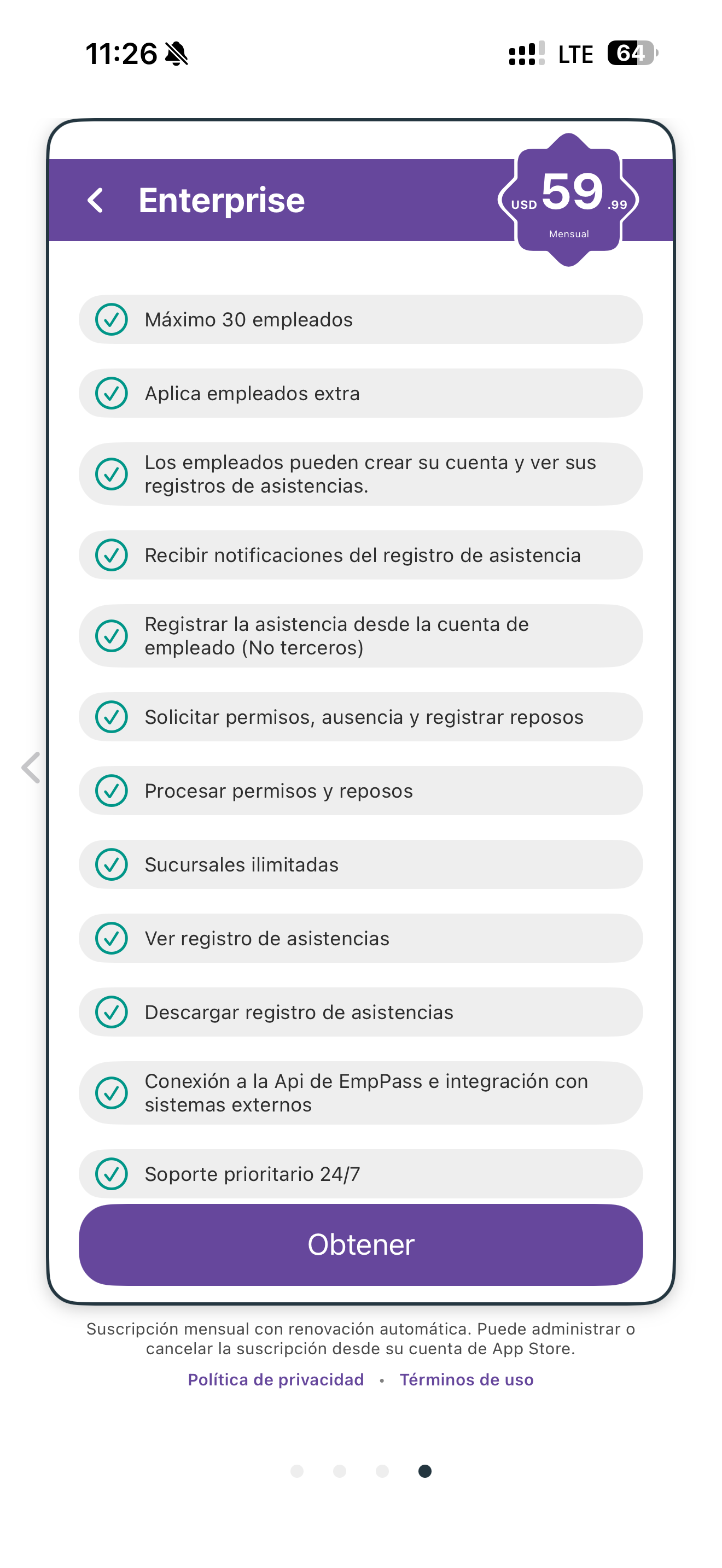 Plan Enterprise de EmpPass - USD 59.99/mes empleados ilimitados